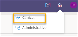 Home icon drop down menu with a yellow highlight box around Clinical.